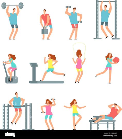 Woman And Man Doing Various Sports Exercises With Gym Equipment Fitness Cartoon Vector People