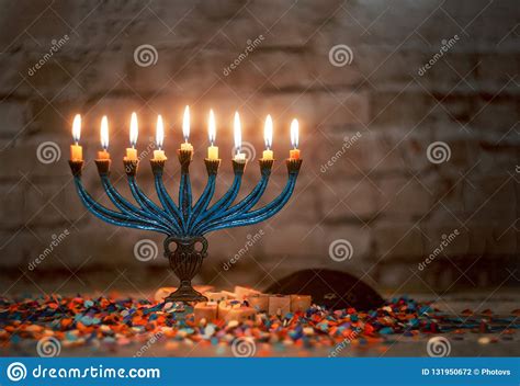 The Lit Of Hanukkah Candles In Menorah Stock Photo Image Of Hebrew