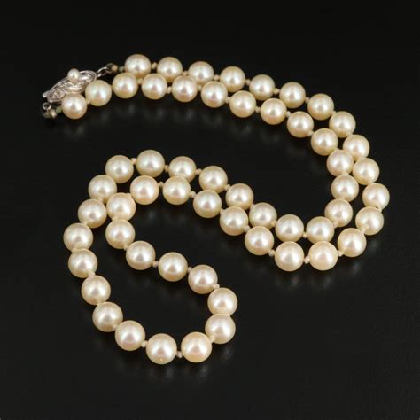 Vintage Hand Knotted Cultured Pearl Strand Necklace With Sterling