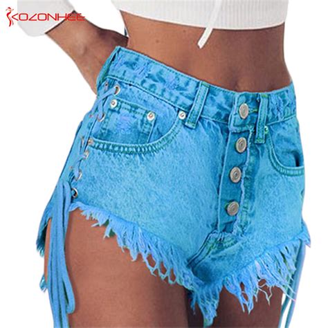 buy women emerald denim shorts high waist straps tassel bandages denim shorts