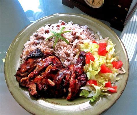 Jerk Chicken With Rice And Gungo Peas Along Side A Nice Simple Salad Jamaican Recipes Easy