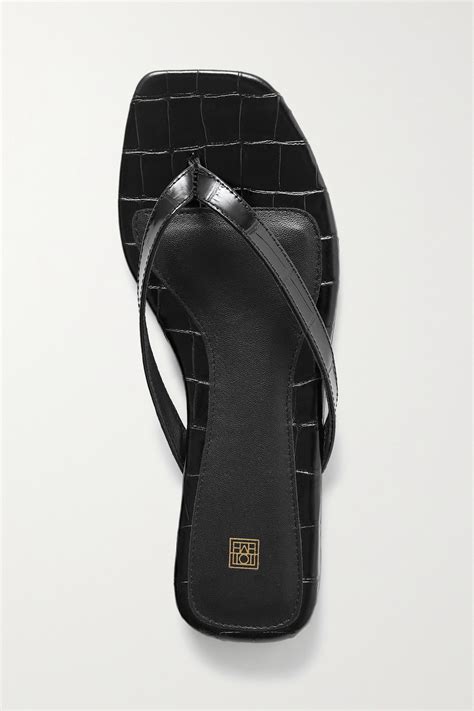 Totême The Flip Flop Black Crocodile Effect Leather Sandals Modesens