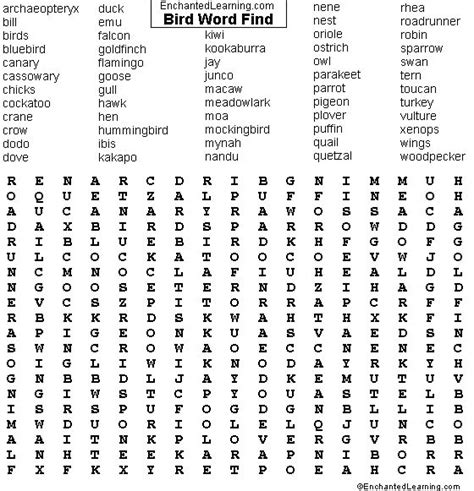 Bird Wordsearch Puzzle Enchanted Learning Software