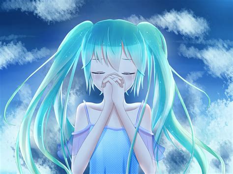Blue Hair Crying Hatsune Miku Sky Twintails Vocaloid