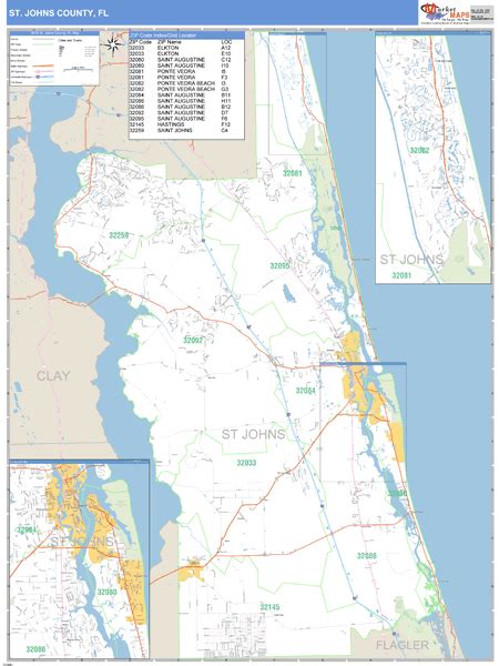 St Johns County Florida Zip Code Wall Map