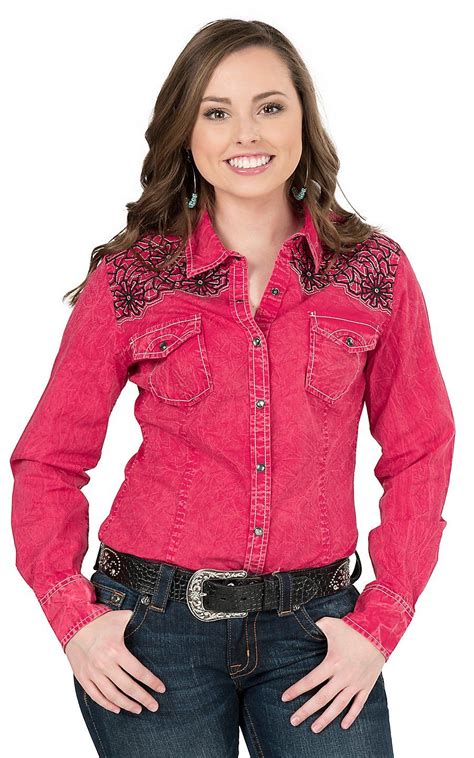 Rock And Roll Cowgirl Womens Red Crinkle Wash With Black Floral Embroidery Long Sleeve Western