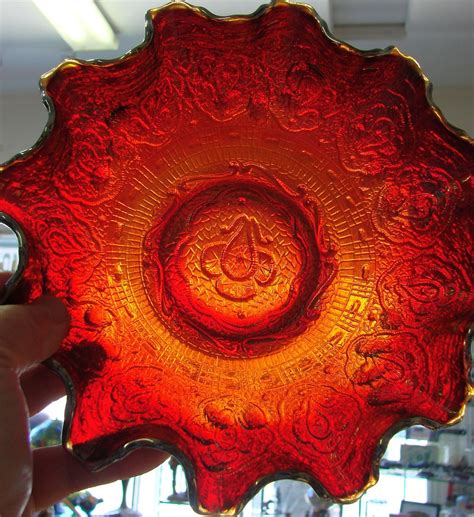 Fenton Carnival Glass Candy Dish Fenton Ruffle Bowl Flower Pattern Red Amberina Metallic