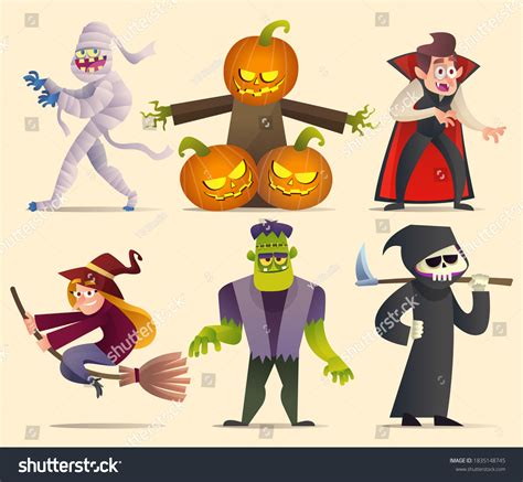 Set Halloween Characters Collection Cartoon Illustration เวกเตอร์สต็อก