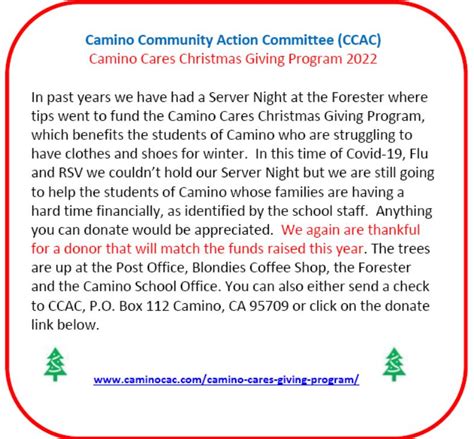 Camino Cares Giving Program Ccac Working Together For Camino