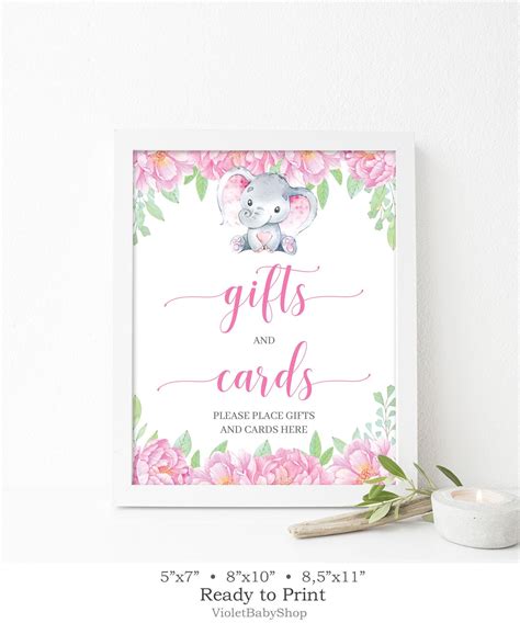 How to play this free printable baby shower game: Printable Gifts and Cards Sign, Elephant Baby Shower Sign Template, Blush Pink Florals Cards and ...