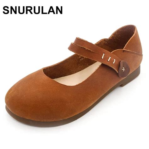 Snurulan Women Flat Shoes Round Toe Slip On Mary Jane Flats Handmade