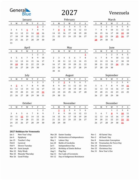 2027 Venezuela Calendar With Holidays