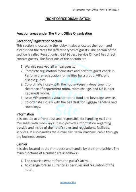 5 Front Office Organisation Front Office Organisation Function Areas