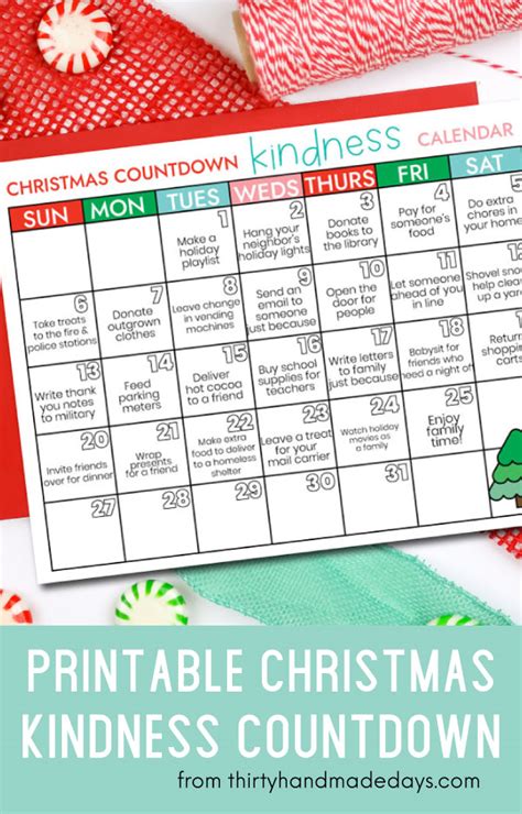 Kindness Christmas Countdown Calendar Printable From 30daysblog