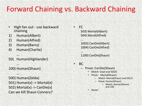 Forward chaining and backward chaining are the two most important strategies in the field of artificial intelligence and lie in the expert system domain of ai. PPT - CptS 440 / 540 Artificial Intelligence PowerPoint ...