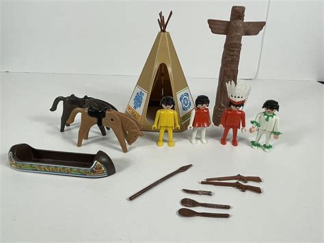 vintage playmobil 3483 native american indians teepee canoe western incomplete ebay