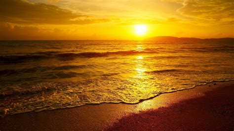 Download Horizon Beach Ocean Yellow Orange Color Sky Nature Sunset Hd