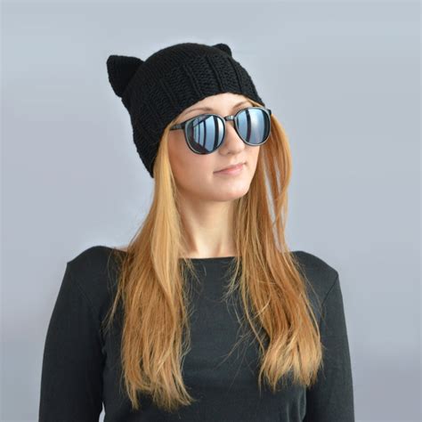 Black Cat Hat Knit Cat Ear Hat Or Cat Beanie Womens Cat Hat Etsy