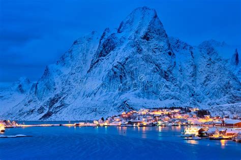 Reine Village At Night Lofoten Islands Norway Stock