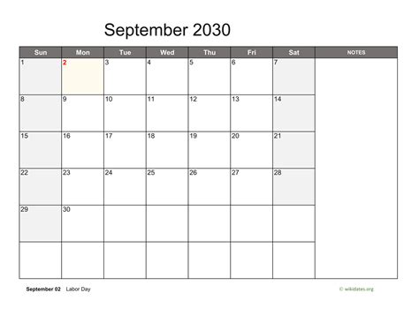 September 2030 Calendar With Notes