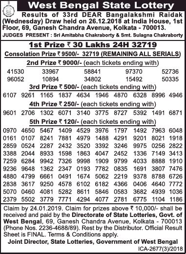 Everyday of every week of every month. West Bengal State Lottery 1St Prize Rs 30 Lakhs Ad ...