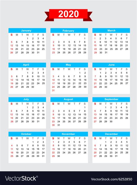 Free download printable yearly calendar 2020 ai vector print template, place for photo, company logo or graphics. 2020 calendar week start sunday Royalty Free Vector Image