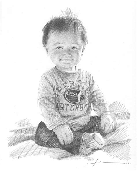 Baby Boy Sitting On Bed Pencil Portrait Drawing By Mike Theuer