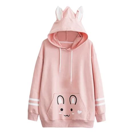 Harajuku Kawaii Rabbit Sweatshirts Women Girl Pink White Hoody Blouse