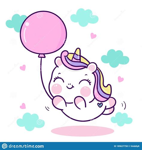 Flat Unicorn Fairy Cartoon Pony Child Vector With Balloon Stock Vector