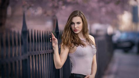 Wallpaper Model Brunette Long Hair Women Outdoors Depth Of Field Tank Top Street Fence