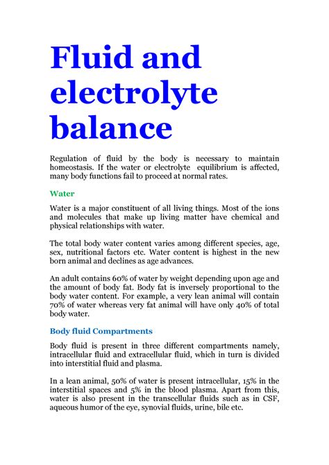 Fluid And Electrolyte Balance Fluid And Electrolyte Balance