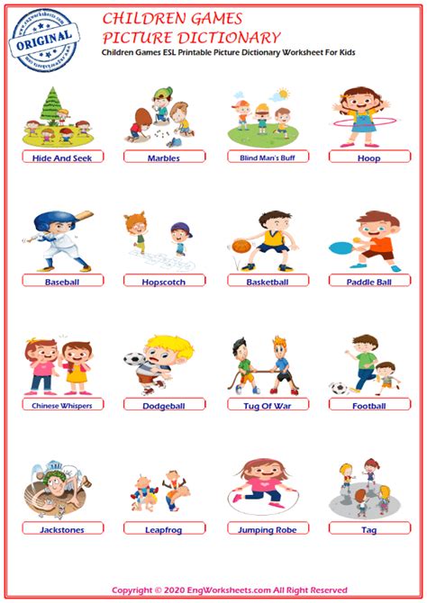 ﻿children Games Esl Printable Picture Dictionary Worksheet For Kids