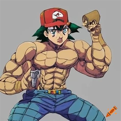 Ash Ketchum In Muscular Jojos Bizarre Adventure Style By Hirohiko