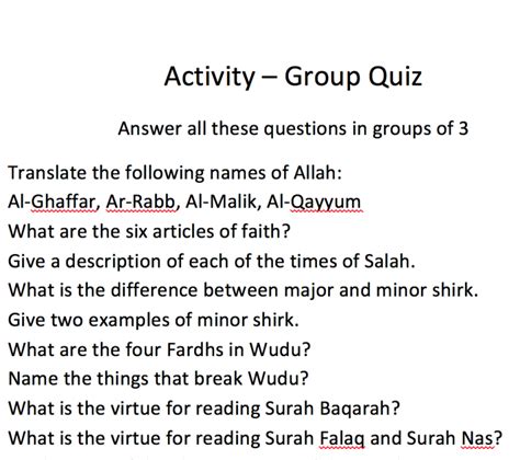 Group Quiz Islamic Studies Yr 4 Safar Resources
