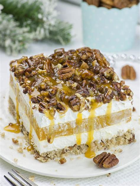 Layers of graham crackers, cream cheese, whipped cream and pudding make a. Caramel Pecan Lasagna | Layered Christmas Dessert Recipe ...