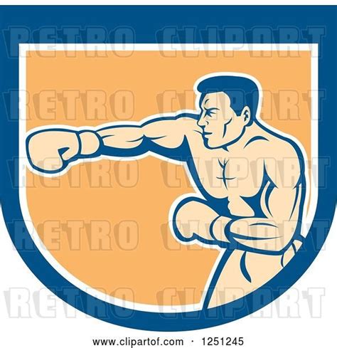 Vector Clip Art Of Retro Male Boxer Punching In A Blue White And Orange