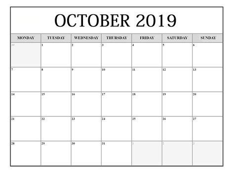 Editable October 2019 Calendar