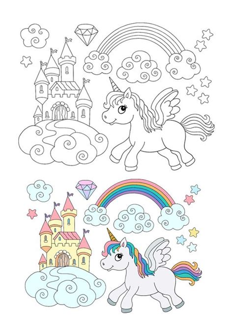 A Coloring Book Page With An Unicorn And Castle In The Sky Clouds And