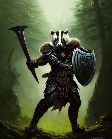 Badger Warrior Holding Shield Forest Background Dandd Stable