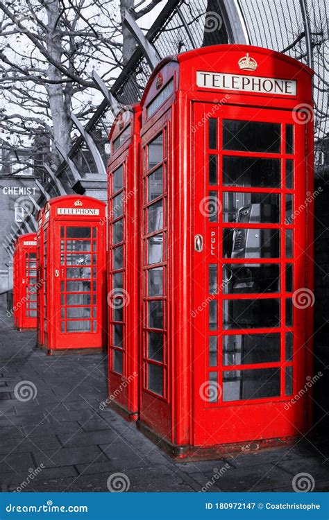 Row Of Traditional British Red Phone Booths Stock Image Image Of