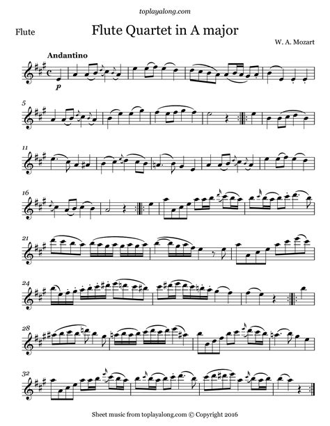 Flute Quartet In A Major I Andante By Mozart Free Sheet Music For