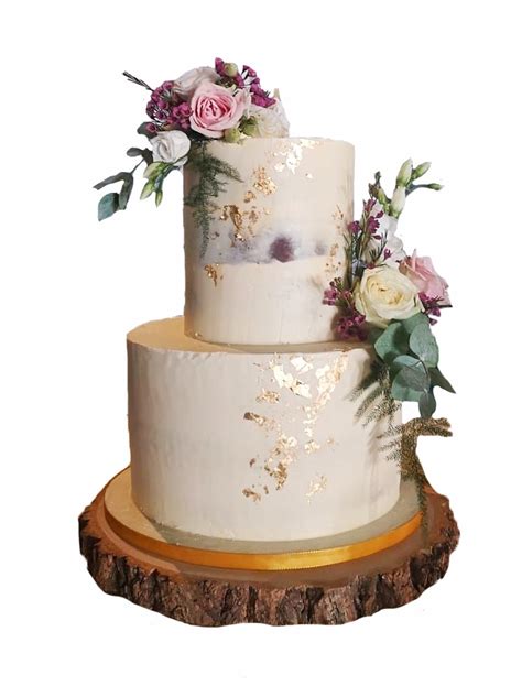 Semi Naked Wedding Cake With Gold Leaf And Roses Eve S Cakes