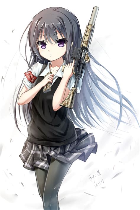 Wallpaper Drawing Illustration Gun Long Hair Anime Girls Weapon Cartoon Purple Eyes