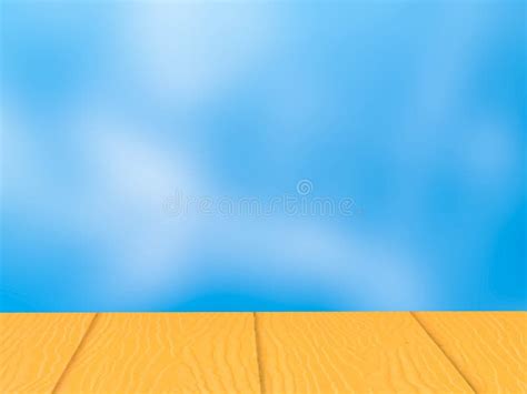 Empty Yellow Wooden Table On Blurry Blue Sky Background Copy Space For