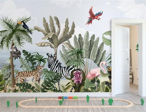Kids Wallpaper Peel And Stick Self Adhesive Tropical Forest Etsy In 2020 Jungle Wall Decals