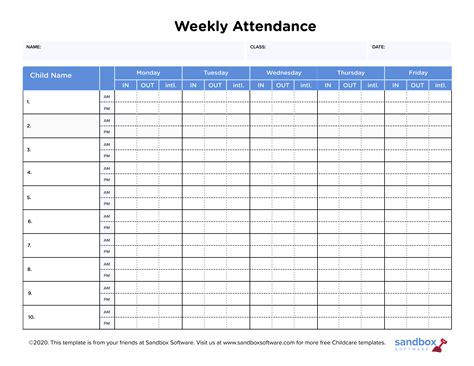 Free Printable Weekly Attendance Sheet Template