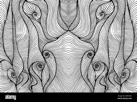 Waves Psychedelic Curly Black And White Abstract Coloring Page Stock