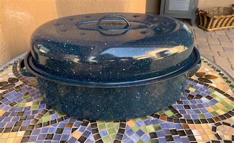 Vintage Enamel Graniteware Blue Roasting Pan With Lidvintage Etsy