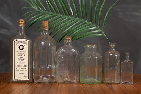 Vintage Apothecary Bottles Set Of 6 Clear Glass Antique Pharmacy