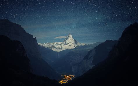 City Landscape Light Matterhorn Mountain Night Peak Starry Sky